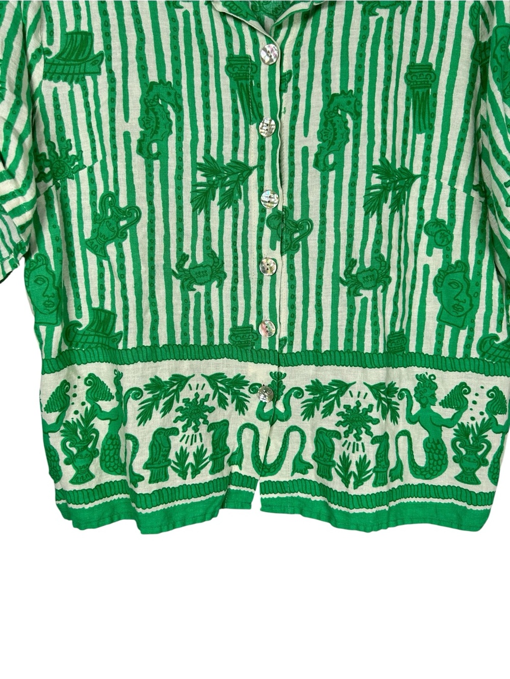 Calypso St. Barth Shirt Top Linen Sicily Roll tab Short Sleeve Green Sz M - Picture 6 of 9